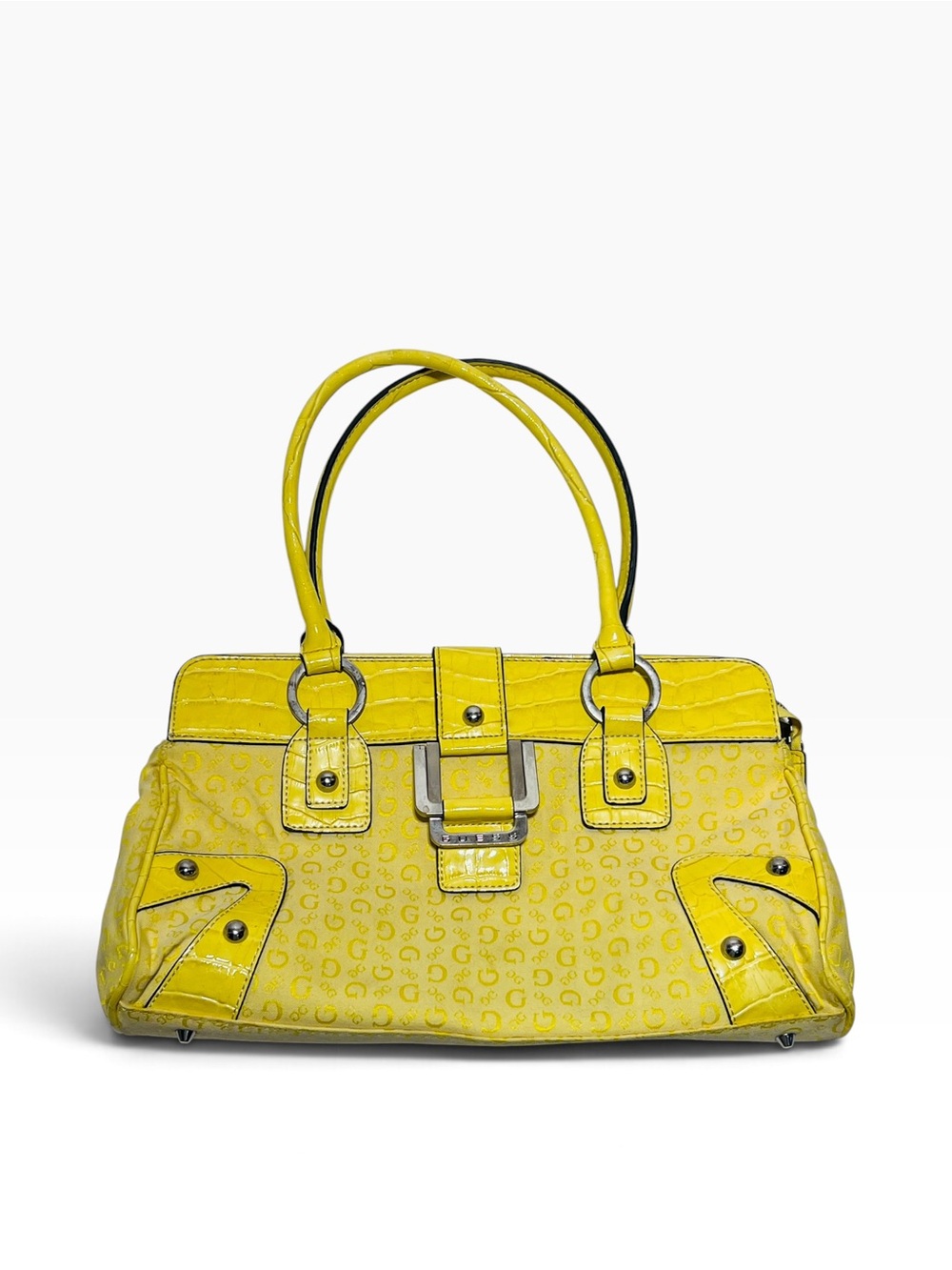 Guess Y2K Yellow Monogram Satchel Handbag with Top Handles